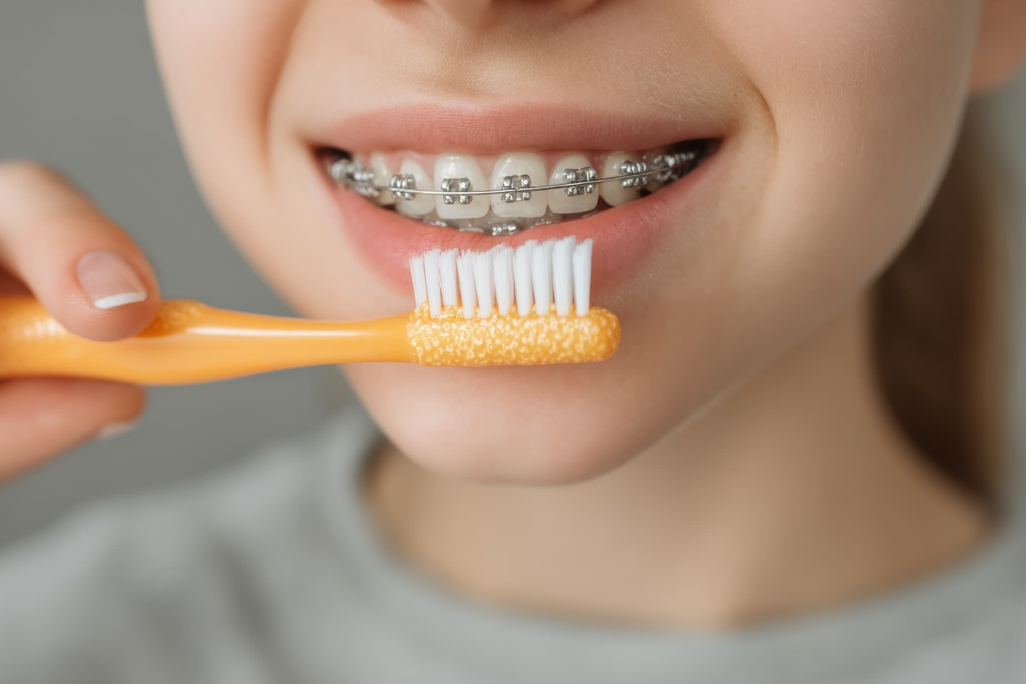 小児矯正中に口腔内を清潔に保つため丁寧に歯磨きをする子ども