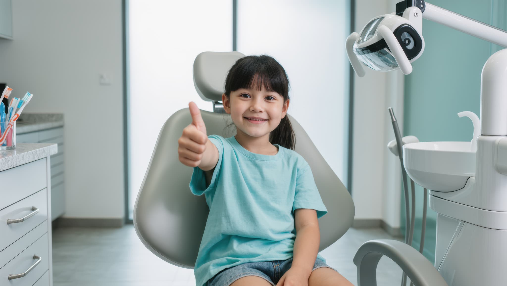 歯科医院の椅子に座って笑顔でグッドサインをする子ども