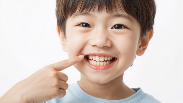 健康な白い歯を指さす子ども