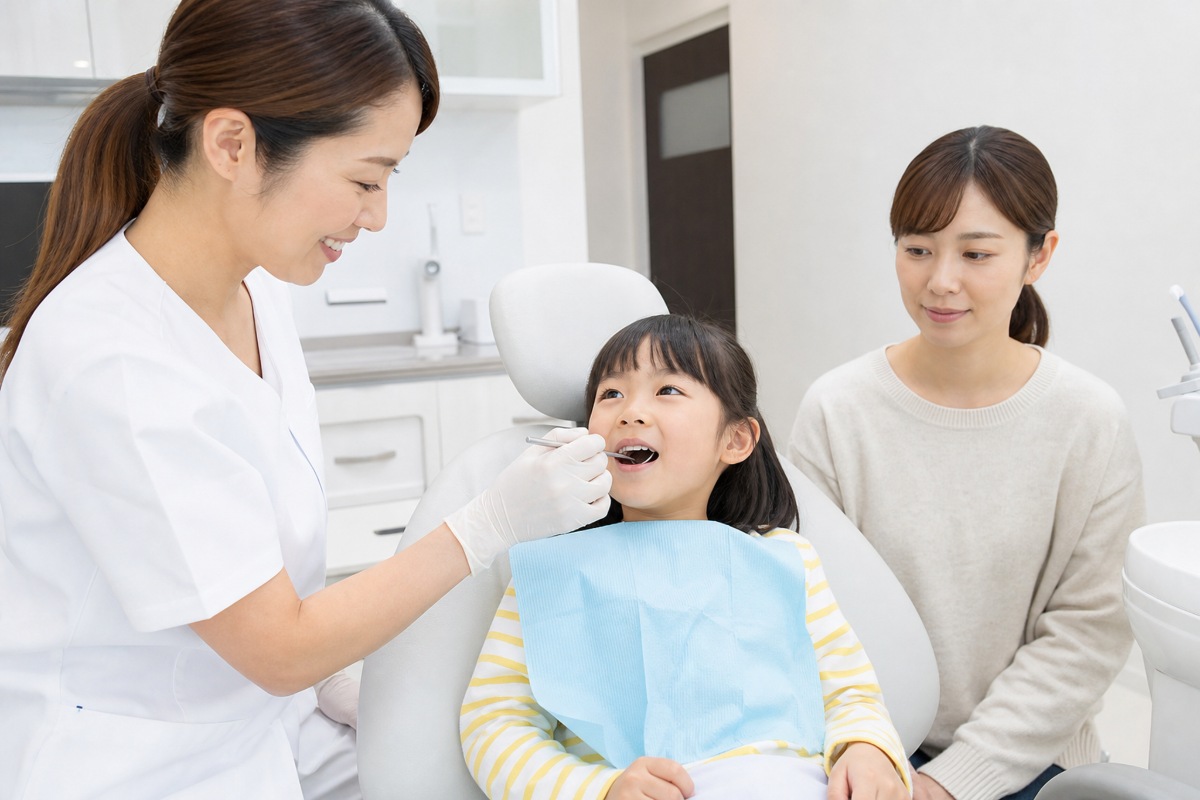 小児歯科で歯のチェックを受ける親子
